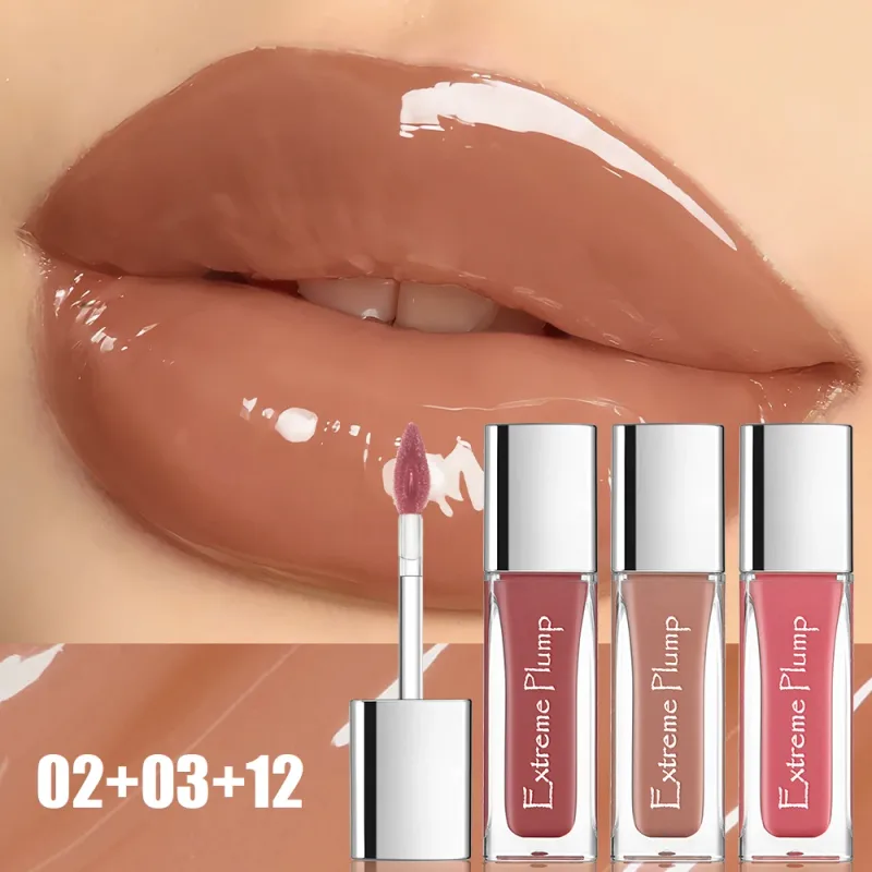 3 stk Extreme Plump Lip Gloss Sæt Spejlglas Finish Langvarig Hydrating Lip Glaze Ikke-klæbende Vandtæt nøgen flydende læbestift — image 2