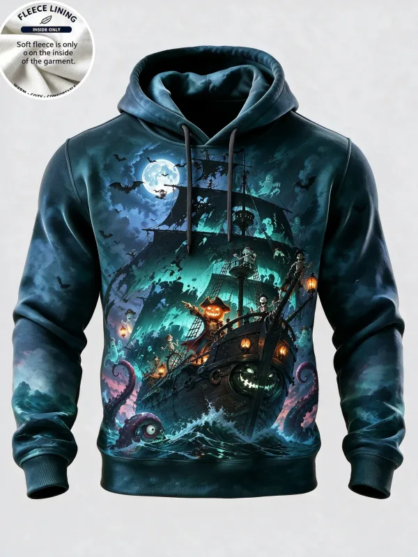 Men Fleece Lined Hoodie Halloween Werewolf Red Moon Print Pullover Hooded Sweatshirt Street Hoody