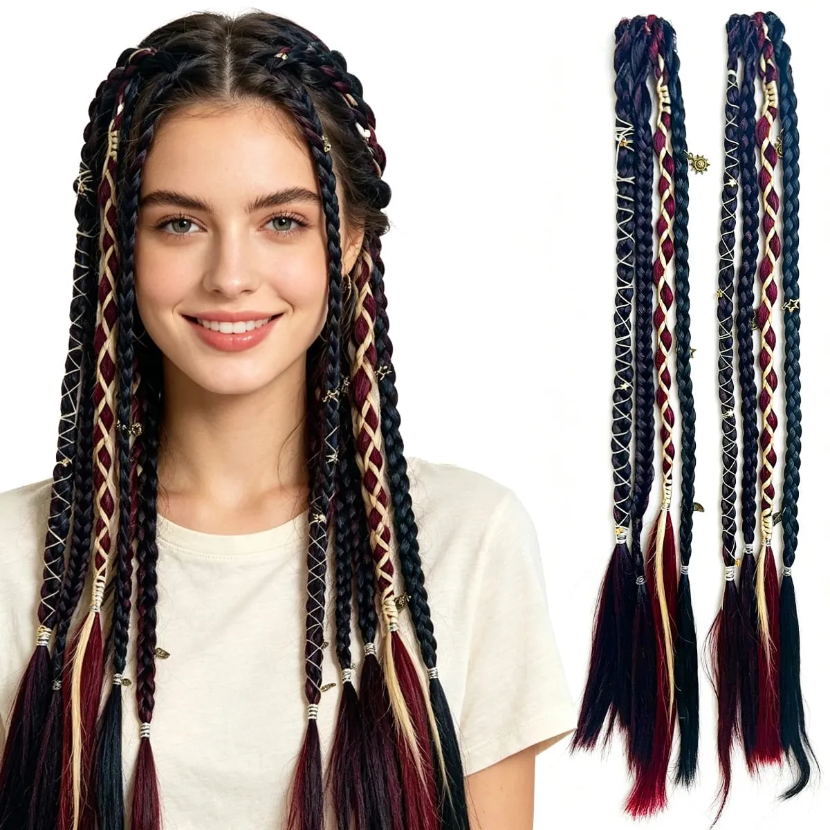 Box Braids Hair Extensions Pre-Braided Synthetic Colored Twist Braids with Hair Accessories for Women Hip Hop Punk Festival