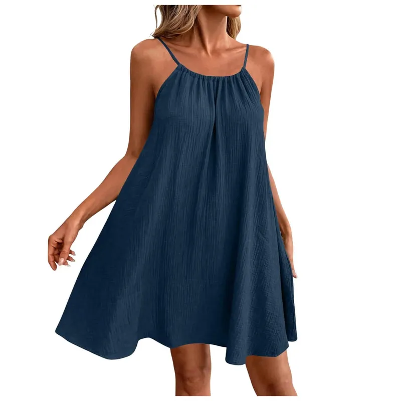 Summer Women's Cotton Linen Mini Dress 2026 New Bohemian Spaghetti Straps Dresses Backless Sundress Loose Holiday Party Robe