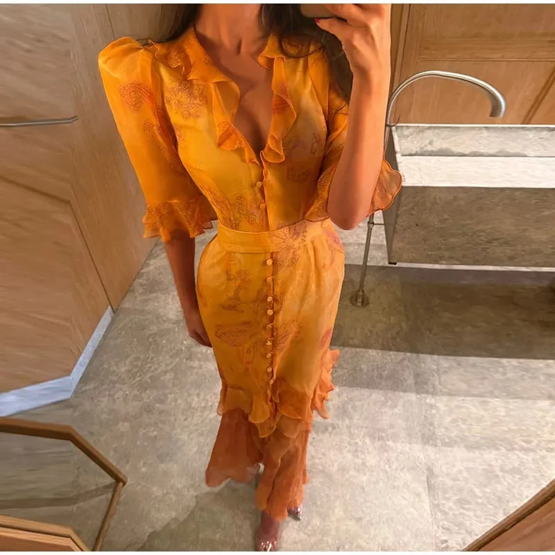 Lace Spliced Satin Midi Dress Waist Cinched Peplum V-Neck Puff Sleeve 2026 Summer Elegant Women Gown Causal Fashion Lady Vestido