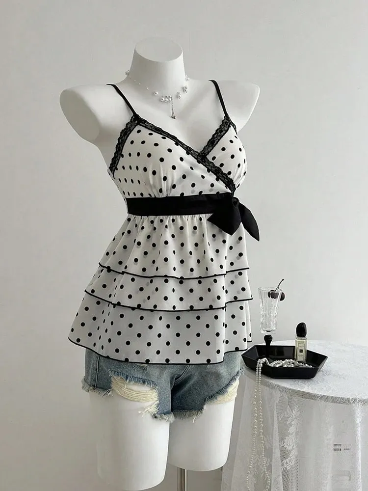 French-Style Retro Lace Patchwork Color-Blocked Bow Polka Dot Camisole Sweet Youthful Stylish Slimming Vacation High-End Top for Women Women's Clothing