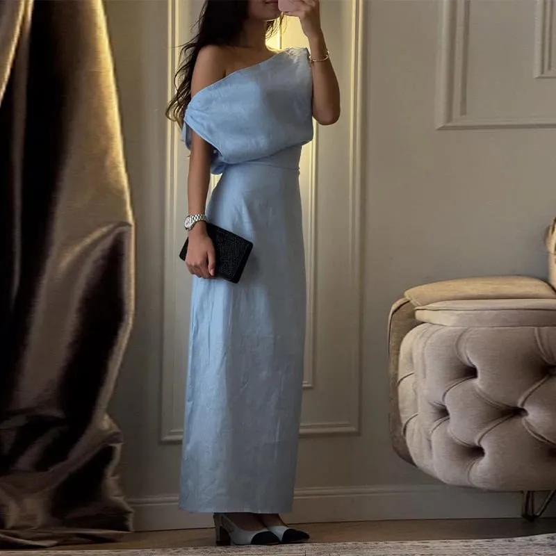 Elegant One Shoulder Solid Dress Women's Waist-cinching Side Split Ankle-length Dresses 2026 Summer New Lady Casual Cozy Robes — image 10