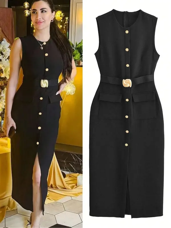 Sleeveless Button Down Ashirtdress with Belt Solid Color Front Slit Elegant for Office Party Dresses Luxury 2025 Ashirtwaister