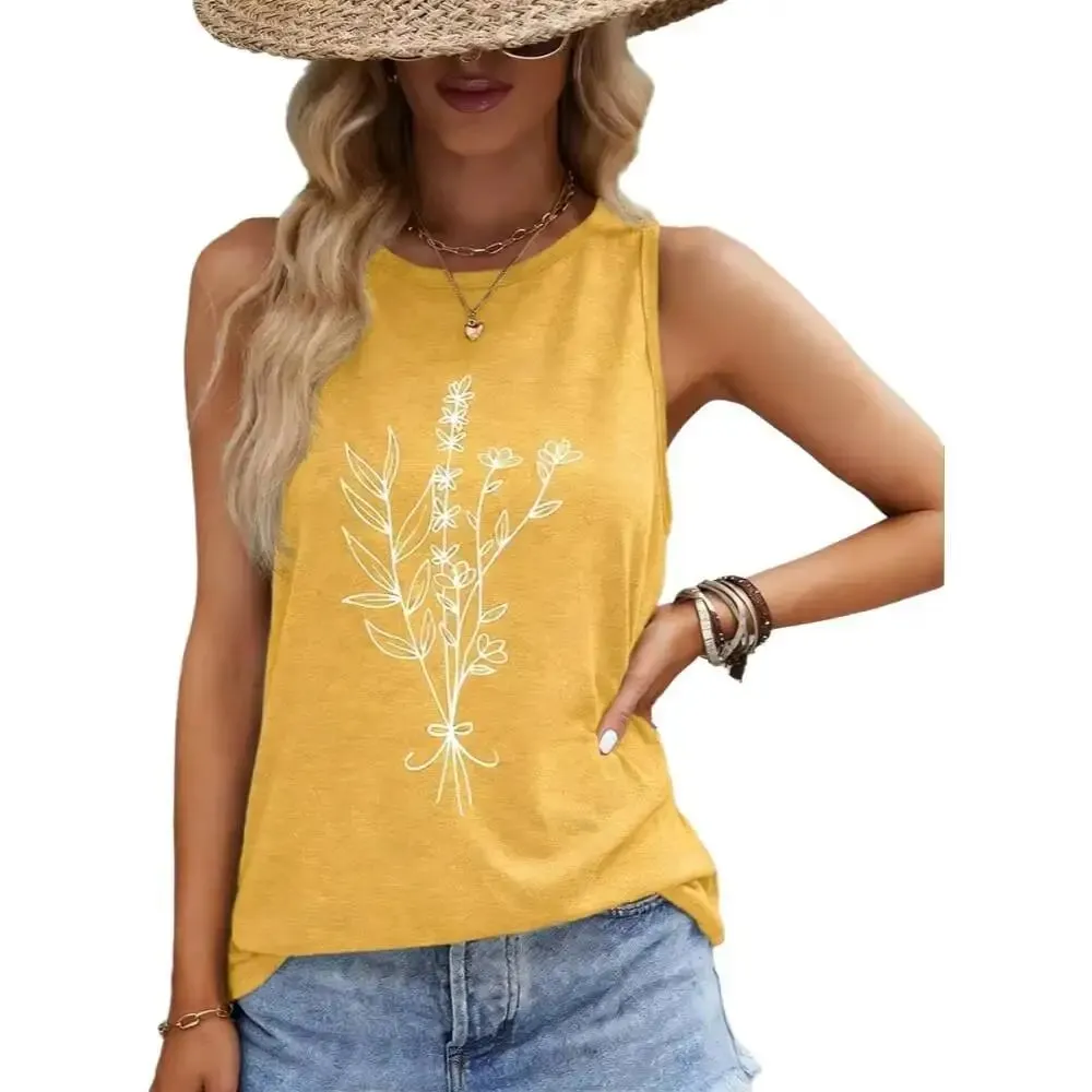 Casual Yellow Floral Print Round Neck Tank Top Loose Fit Sleeveless Blouse For Daily Vacation Beach Summer Outfits