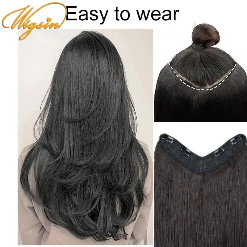 Extension de cheveux synthétiques 55cm en forme de V, postiche longue et lisse avec 4 Clips, postiche Invisible naturelle pour femmes