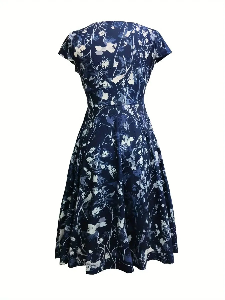 Elegant Floral Printed V-Neck Mid-Length Pocket Dress Polyester Blends for Spring Summer Autumn Three Season Women's Dress — image 2