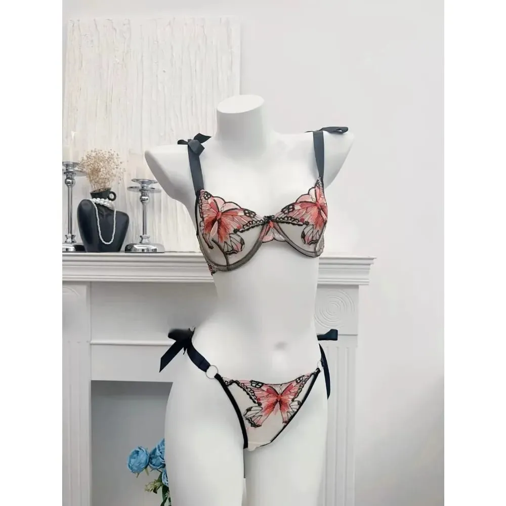 Modest Romantic Lace Butterfly Embroidery Bra Sheer Mesh Camisole Sleepwear Women Daily Wear Push Up Soft Lingerie Set 34-40