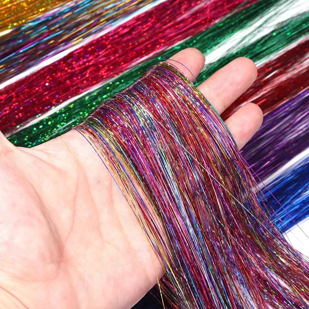 3pcs/pack 120cm Multicolor PET LLaser Hair Tinsel Strands Metallic Hair Extensions for DIY Party Cosplay Hair Decor Accessories