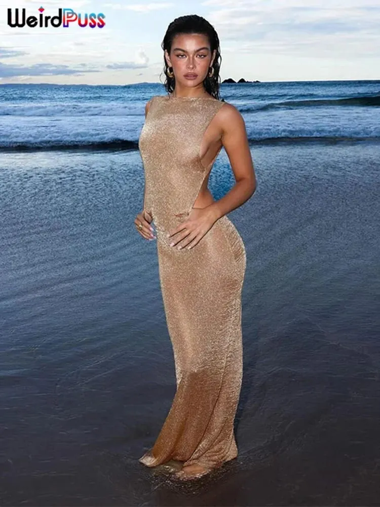 แปลก Puss ดูผ่านชุดหญิง 2024 ฤดูร้อนบางแขนกุด Glitter แยก Coquette Backless Clubwear Beach เซ็กซี่ Vestidos