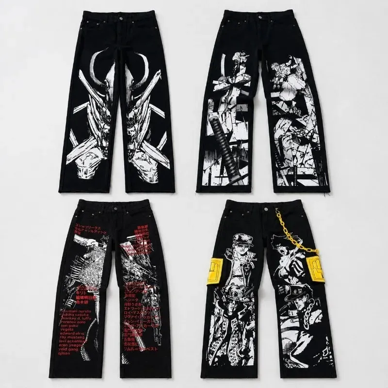 Anime Print Baggy Jeans Men Harajuku Hip Hop Black Denim Pants Streetwear Y2K Manga Graphic Wide Leg Trousers Gothic Clothes