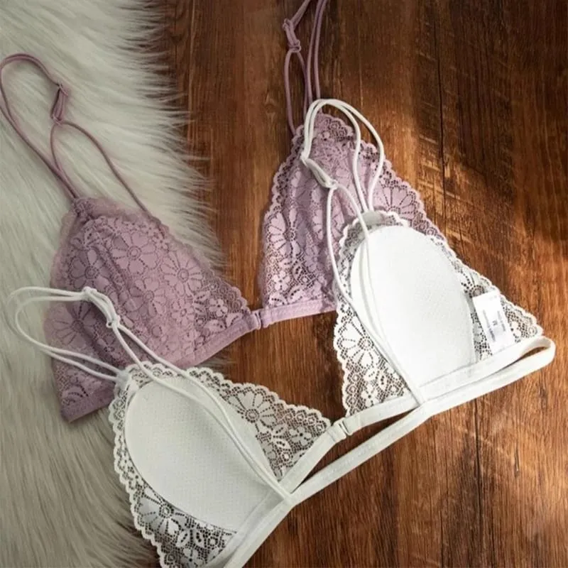 French Style Sexy Lace Thin Triangle Bra With Front Button Women's No Steel Ring Wireless Lingerie Underwear Beautiful Back Bra