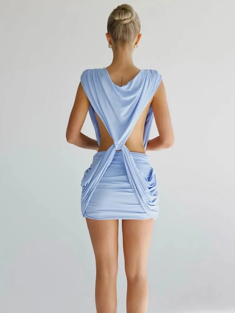 Nibber Folds Dress Wome Kink Deep v-Neck Sleeveless Solid Summer Trend Skinny Cross Waistless Stretch Beach Party Mini Bodycon