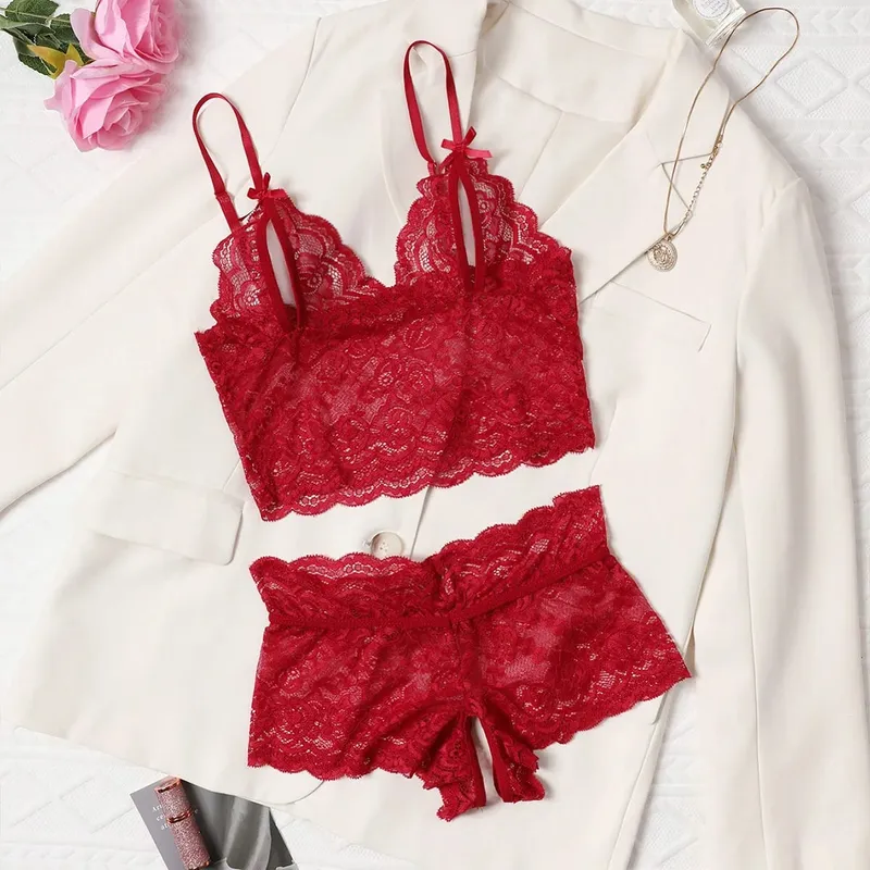 Open Bra 2 Pcs Women Lace See-Through Pajama Black Cute Clothes Comfortable Breathable Suspender Shorts Bra And Brief Set Hollow