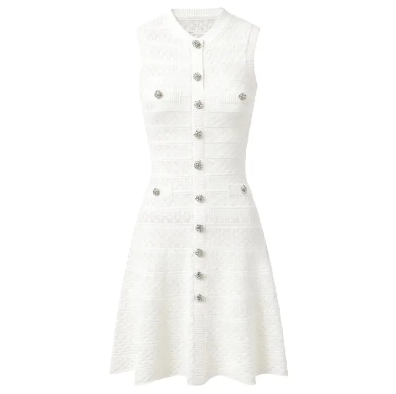 New Summer Women's Sleeveless Knit Dress Elegant Sweet Pink Casual Party Mini Short Dresses Female Knitwears with Buttons