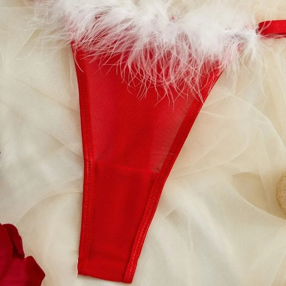 Christmas Furry Women's Underwear Mesh Transparent Bow Decor Lingerie Set Romantic Intimate Wireless Bra Panties Suit Christmas