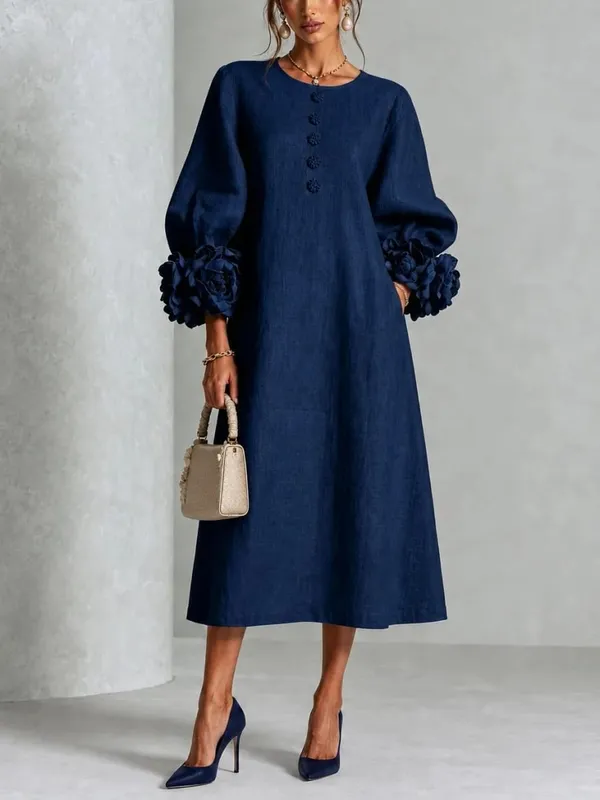 Elegant Women Linen Midi Dress O Neck 3D Floral Lantern Sleeve Button Loose Straight Long Dress Modest Casual Party Dresses