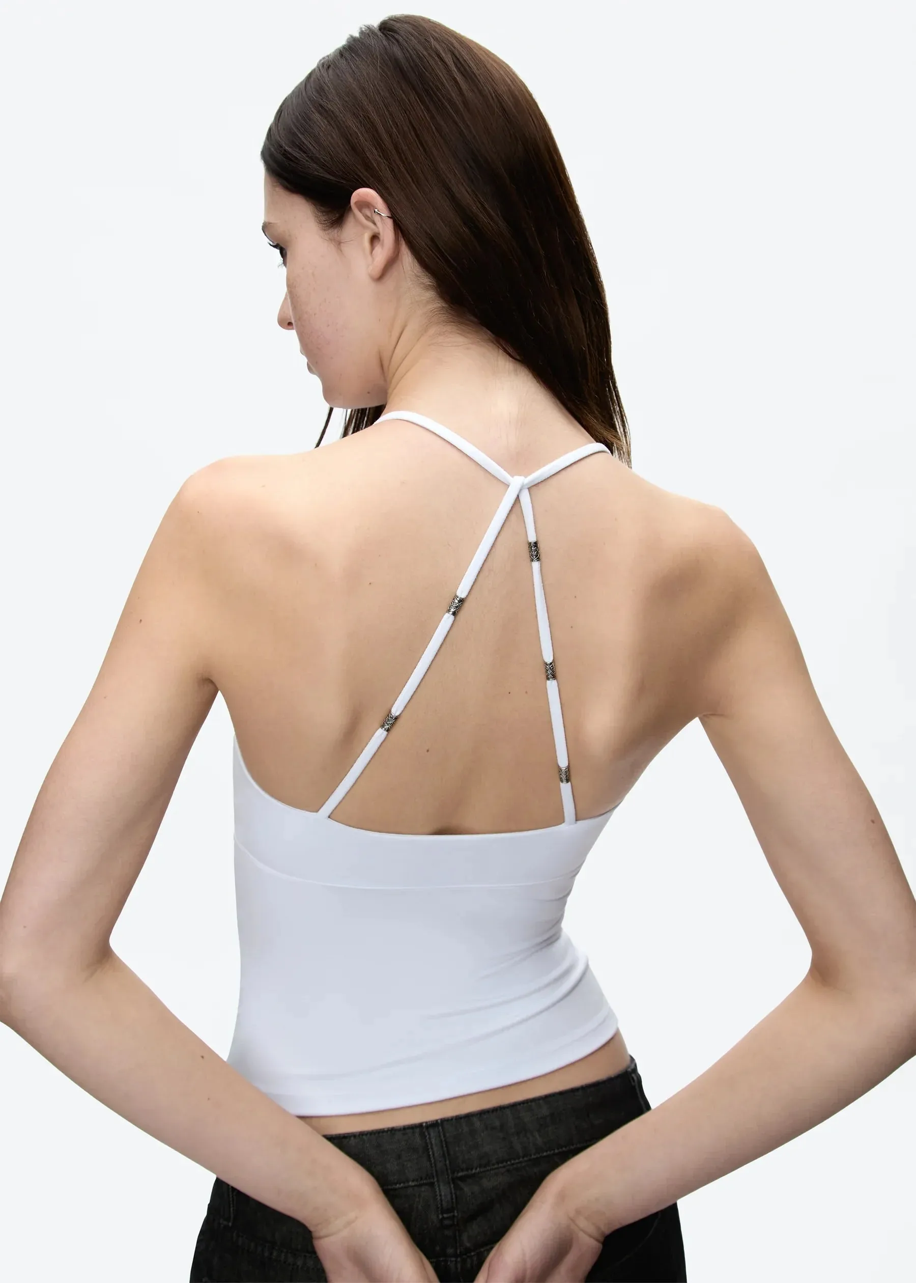 Tank Cross-Back Halter Top Tailored Waist-Cinching Camisole U-Neck Halter Tank Top Metal Embellished Slim-Fit Top for Layering or Wearing Alone