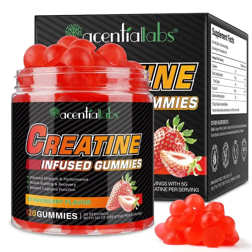 Creatine Monohydrate Gummies 5000mg for Muscle Strength Recovery & Pre-Workout Energy Boost Sugar-Free Vegan Strawberry 120 Ct