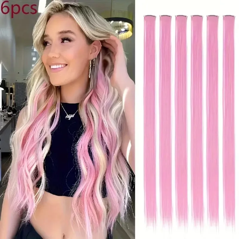 22Inch Synthetic Long Straight 6pcs Hair Extension Clip in Fashion Color Hair Rainbow for Women Daily Use