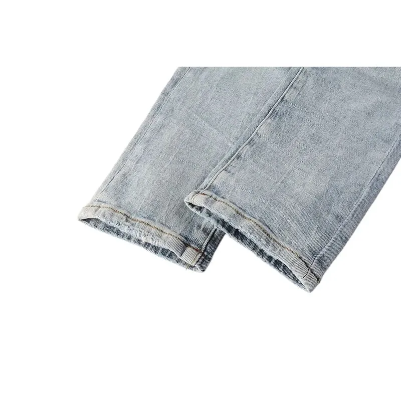Men's Large Knee Ripped Slim Tapered Jeans Vintage Light Blue Wash Frayed Edges Button Fly High Street Style