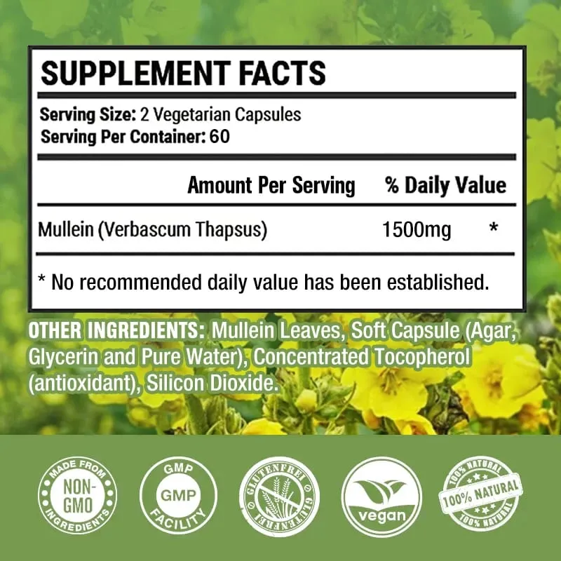 Mullein Extract Capsules Suitable For Lung & Bronchial Cleanse for Smokers - Respiratory Health Support Gut Health
