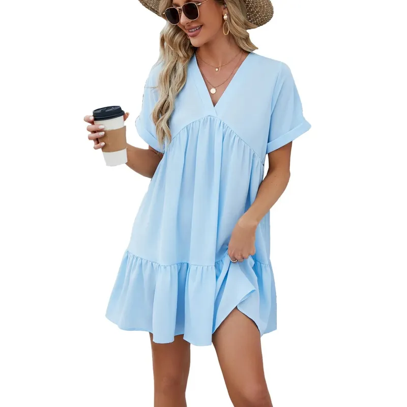 Summer White Dress V Neck Short Sleeve Loose Fit Dresses Pleated Midi A Line Pastel Pink Women's Casual Summer Woman Clothing — image 6