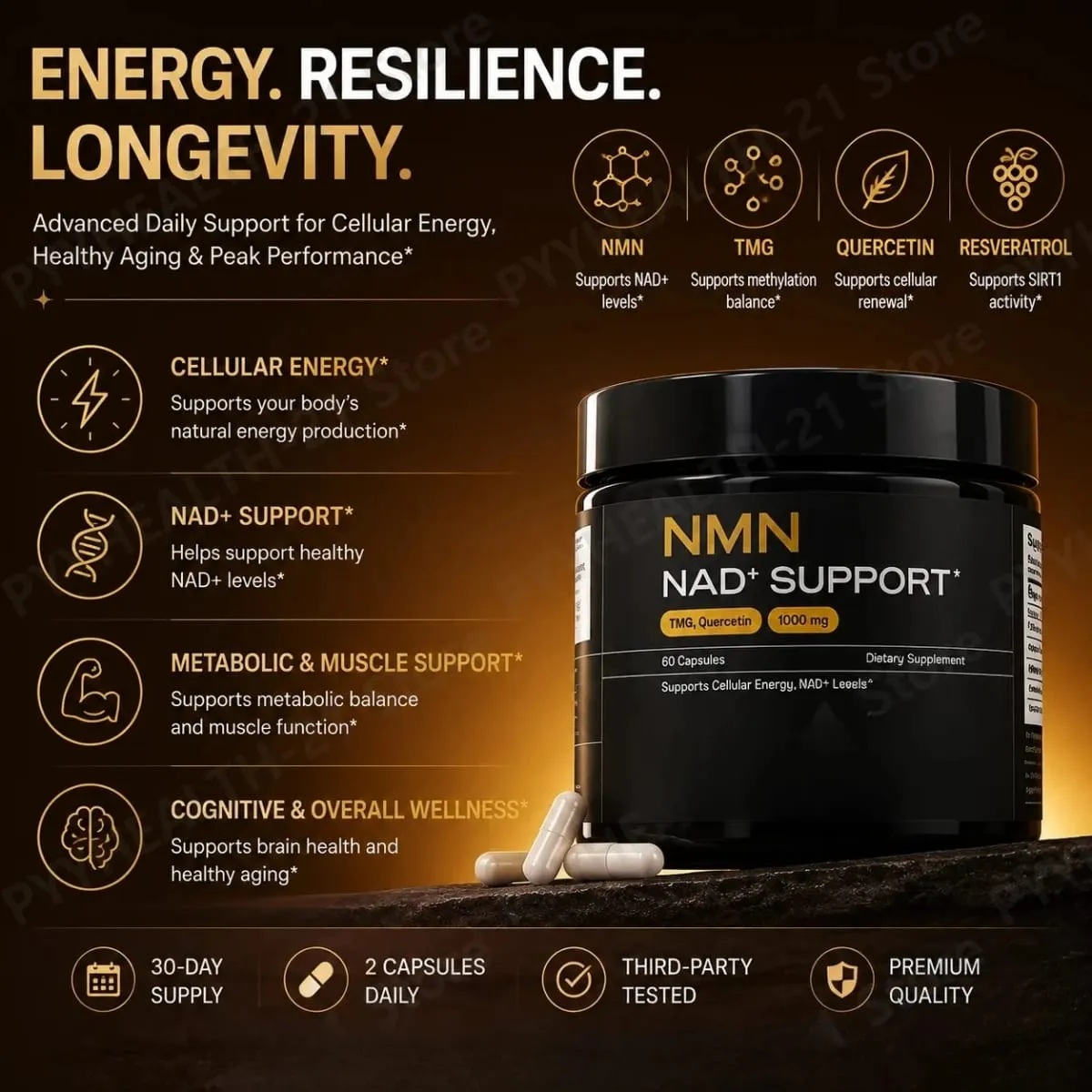 NMN NAD+ Support Capsules 1000mg Supports Cellular Energy Cognitive Health NAD+ Levels with TMG Quercetin 60 Capsules Adults — image 3