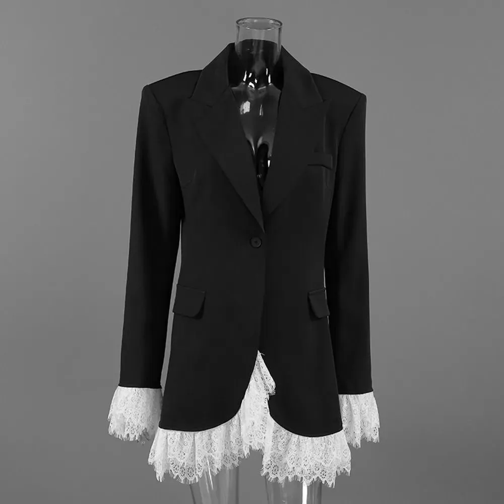 2026 Autumn New Sexy V-Neck Lace Patchwork Black Dress Elegant Temperament Long Sleeve Blazer Short Dresses Women Clothing — image 3