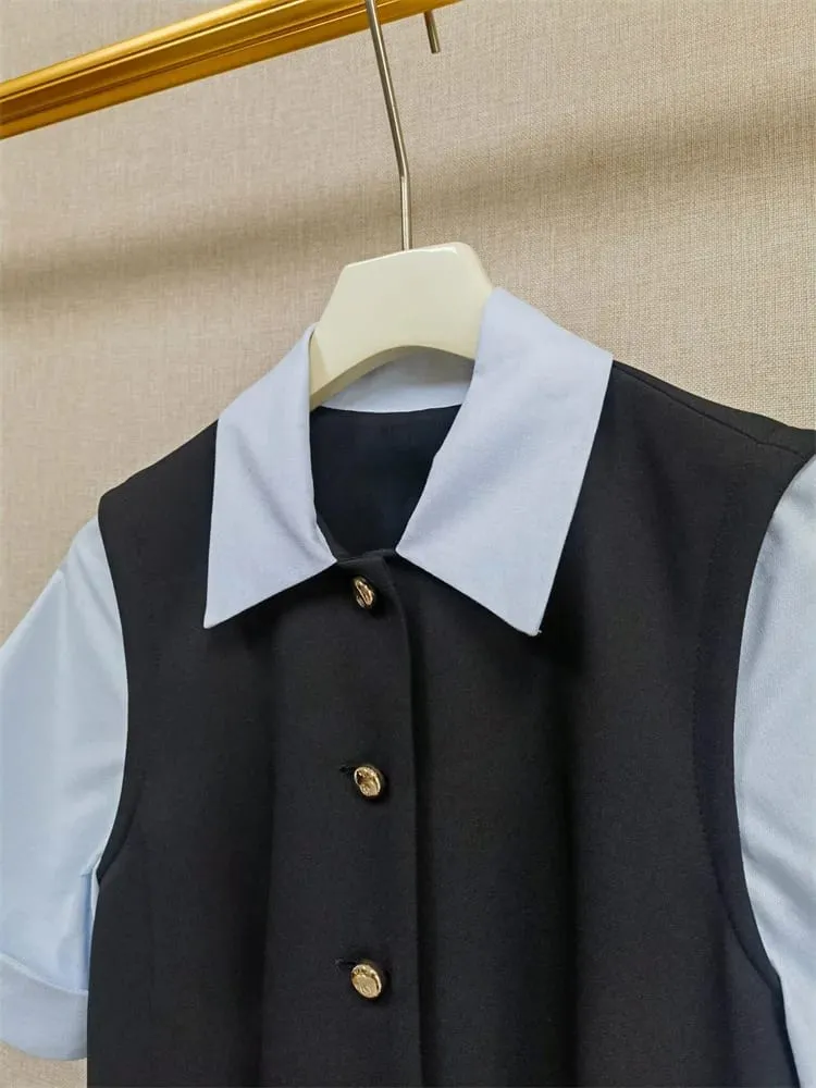 26 Early Spring Design Three Dimensional Cutting Color Blocked Women's Shirt Dress
