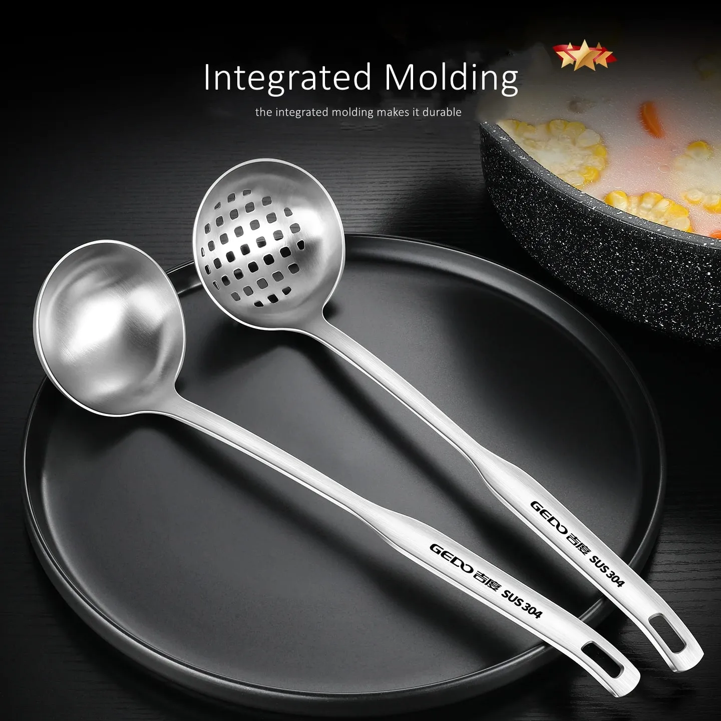 LFGB Certification Pure 304 Stainless Steel Colander and Soup Spoon 30.5cm Length Fall Resistant Hotpot Ladle and Strainer Set