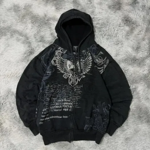 American Retro Rock Gothic Graphic Fur Collar Loose Zipper Sweatshirt Men's Y2K New Harajuku Punk Casual Joker Hoodie Streetwear — image 11