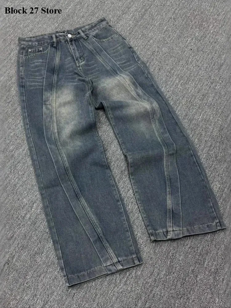 Mens Jeans American Vintage Streetwear Dark Blue Wide Leg Denim Pants Patchwork Contrast Stitch Washed Loose Fit Retro Fashion
