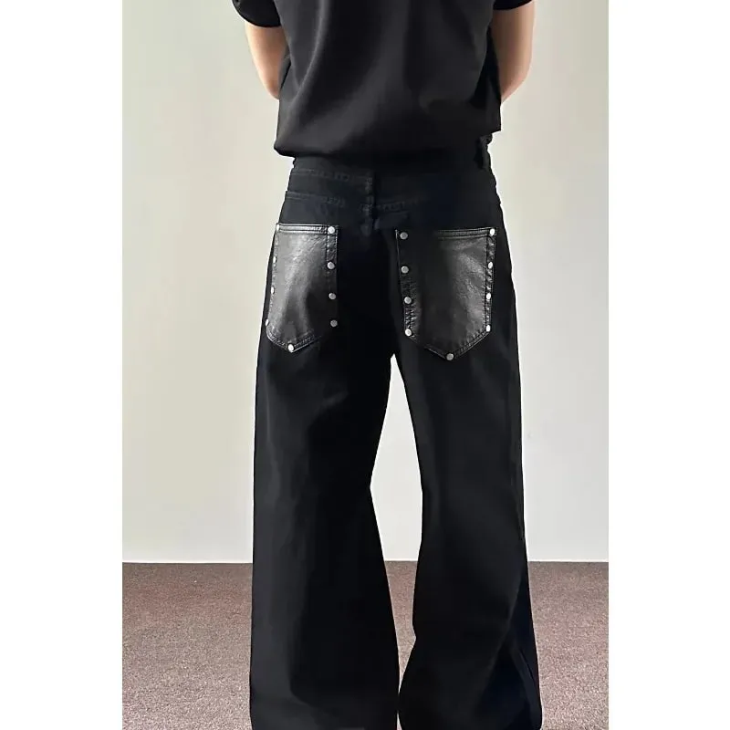 Men's Jeans Black Baggy Denim Pants American Style Rivet Five Button Pocket Loose Fit Streetwear Man Pants — image 4