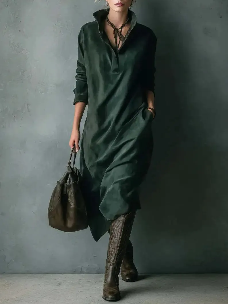 Suede New Dress Pocket Loose Long Casual Dress Solid Color Midi Relaxed Fit Dresses Female Clothing Autumn Winter Dresses