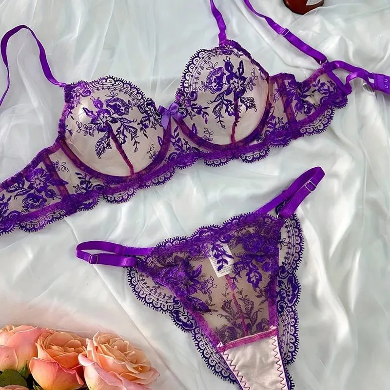 Lace Embroidery Ultra Thin Cup Bra Set Sheer Mesh Sleepwear for Big Bust Women S-XL Push Up Hot Sale 2026 32-38 S-XL Bra Set — image 2