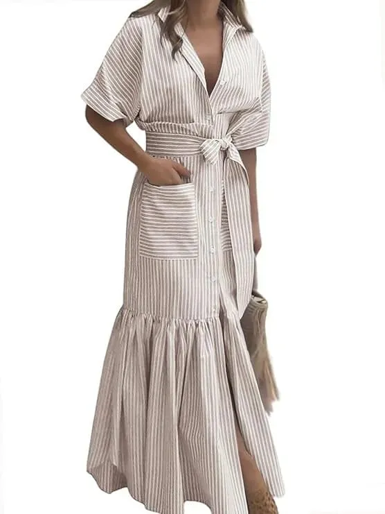 Striped Short Sleeved Loose Mid Length Lace Up Waist Dress With Single Breasted Pocket Shirt Dresses For Women Ropa Mujer
