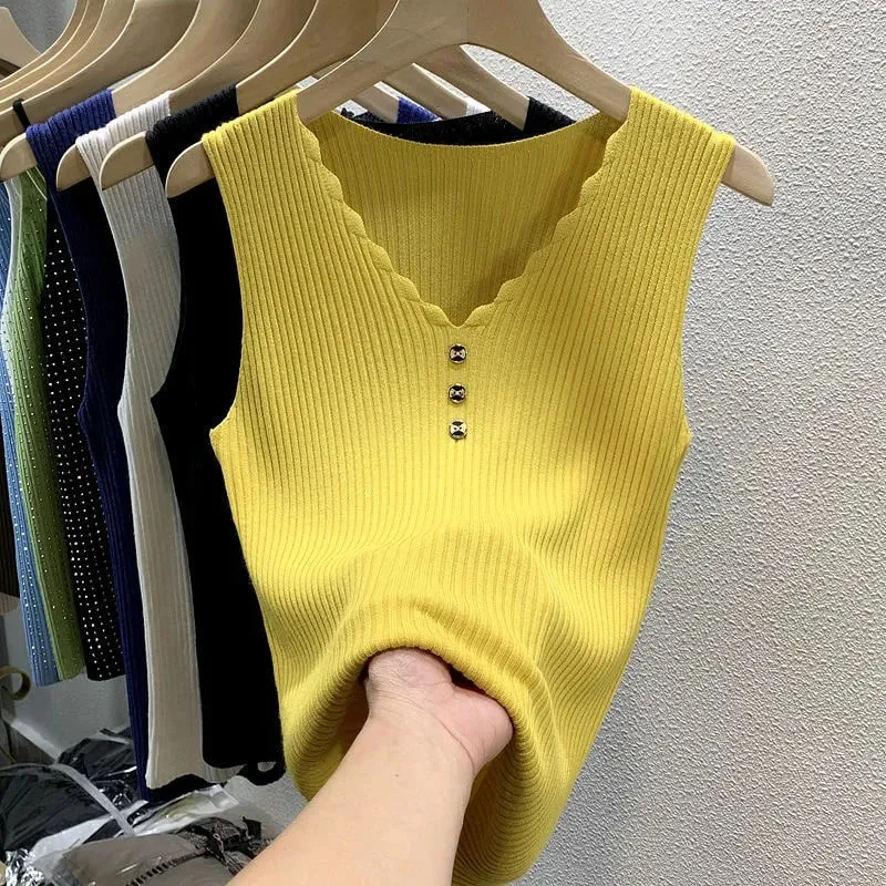 Ice Silk Knit Cami Top Women V Neck Sleeveless Slim Fit Elegant Tank Top Summer Outerwear Blazer Inner Layering Fashion Vest