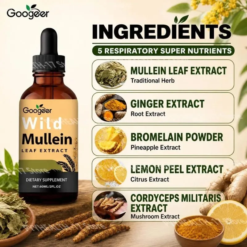 Googeer Wild Mullein Leaf Extract Liquid Respiratory Support Ginger Lemon Peel Extract Bromelain and Cordyceps Extract 60 ML