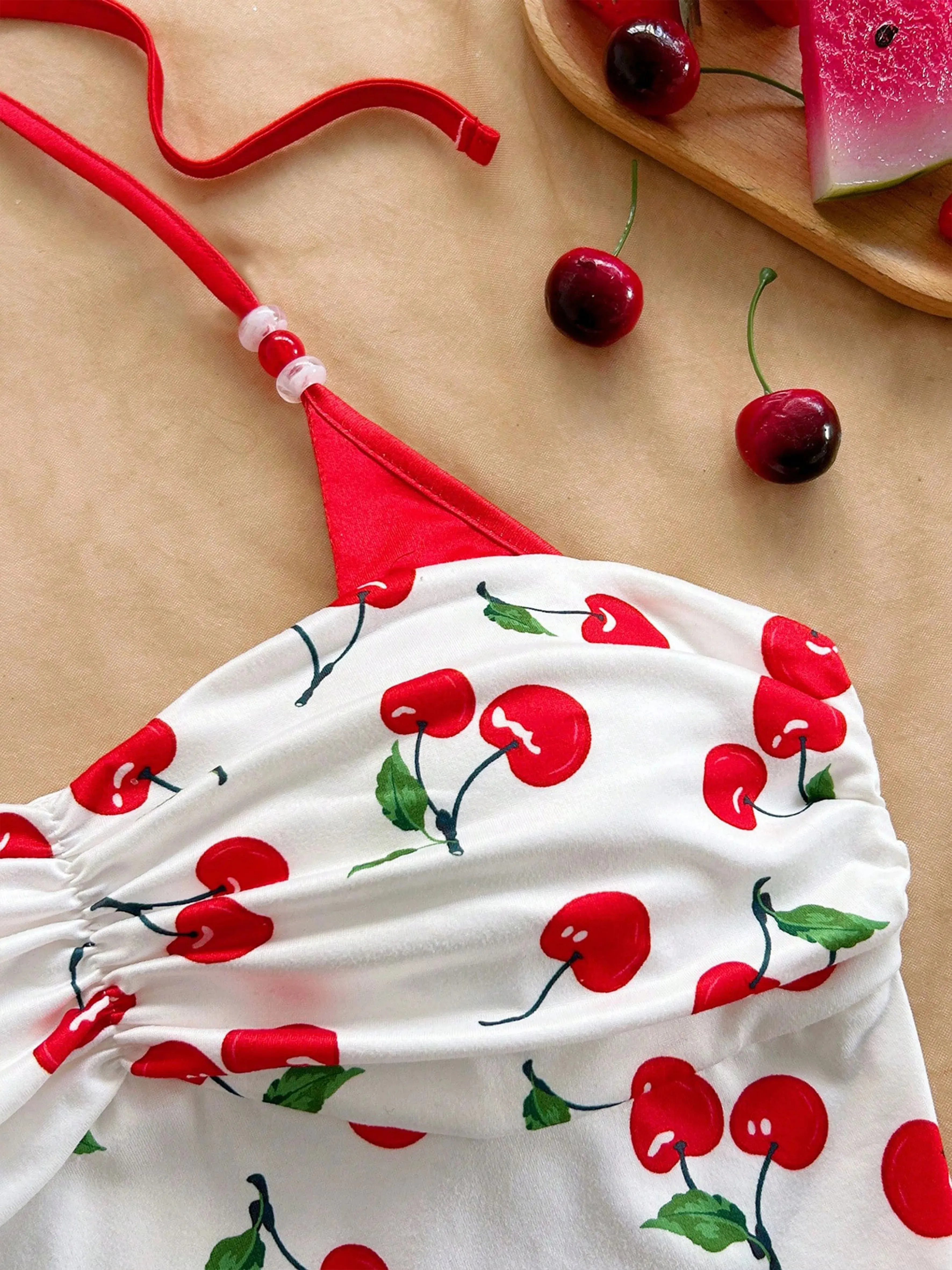 Women's Cherry Printed Color-blocking Beaded Halter Top Summer Beach Vacation Beach Party Summer Party — image 6