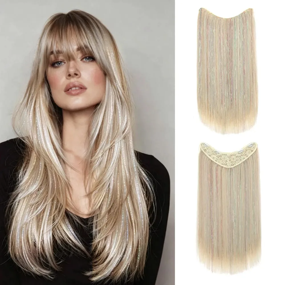 24Inch High‑Temp Fiber Straight Synthetic Long Hair Extensions Mixed Shiny Laser Tinsel Strands Hairpiece Women Party Halloween