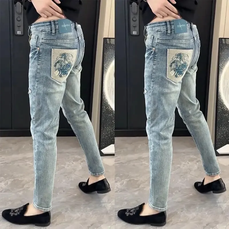 Summer New Slim-fit Men's Jeans Thin Brand Embroidery 2025 Designer Korean Style Clothes Casual Pants Luxury Fashion Pants