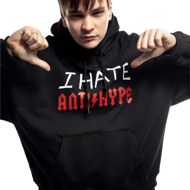 Men's Hoodies I HATE ANTIHYPE Letter Harajuku Oversized Pullover Print Sweatshirt Hip Hop Fashion Y2k Long Sleeve Tops Clothing