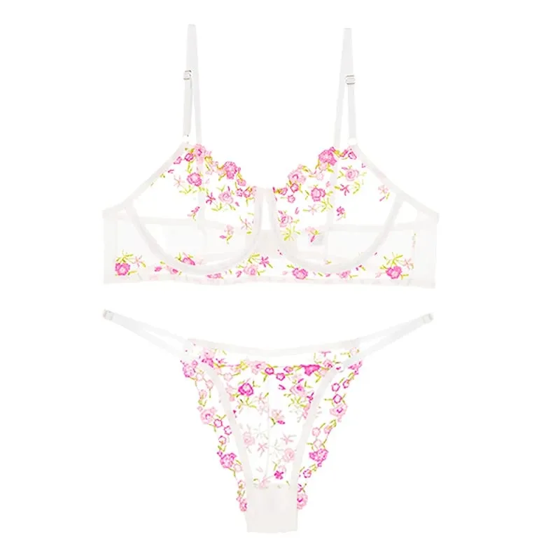 Women Floral Embroidery Sheer Mesh Lingerie Set Underwire Bra and Briefs Adjustable Straps Ladies Intimates Suit