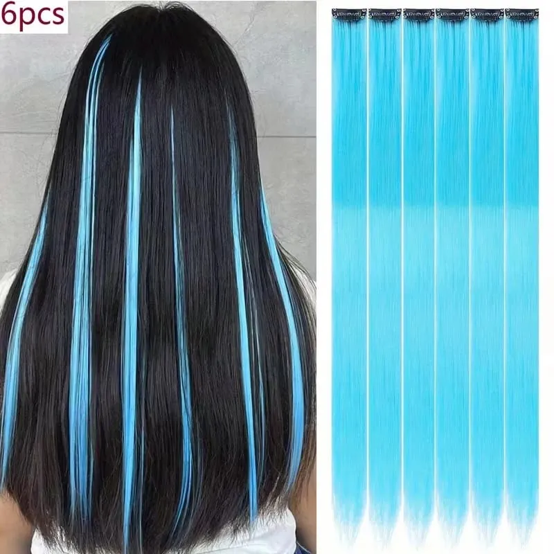 22Inch Synthetic Long Straight 6pcs Hair Extension Clip in Fashion Color Hair Rainbow for Women Daily Use