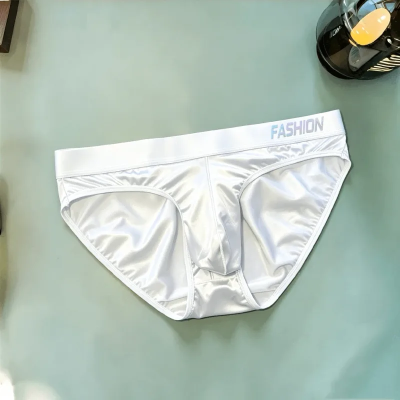 Men Glossy Satin-like Smooth Brief Ice-Silk Hip Wrap LargePouch Satin Silky Briefs Low Waist Gradient Letter Glossy Underwear