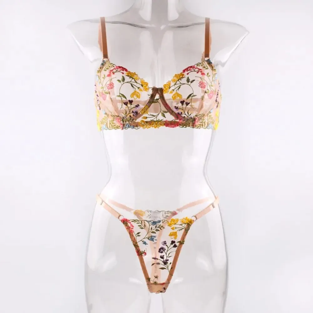 2dílná sada květinového spodního prádla Průsvitné všestranné spodní prádlo Intimky Výšivka Kostice Push-up Bra Kalhotky pro slečnu — image 2