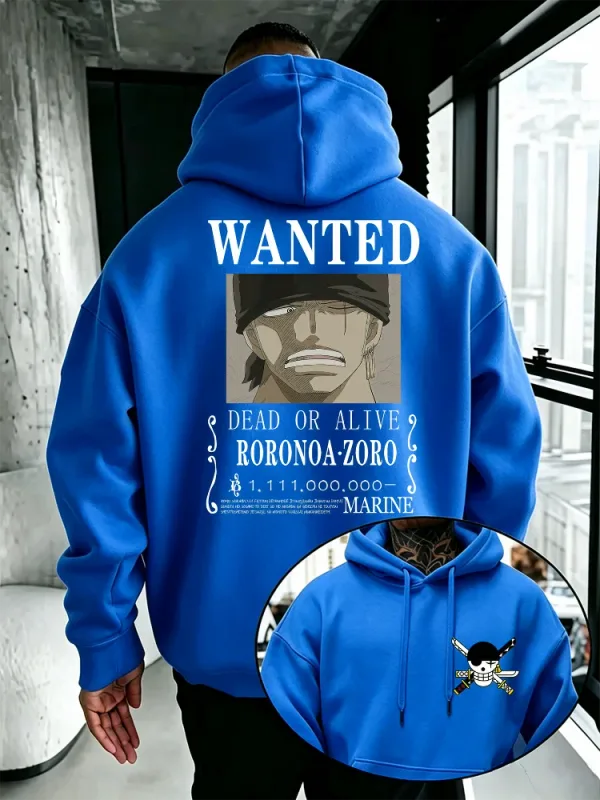 Bandai One Piece Mens Hoodie New Autumn Winter High Quality Warm Pullover Featuring Zoro Wanted Poster Print Casual Style