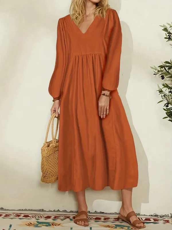 Plus Size Spring/Fall New Arrival Women's Cotton-Linen Blend Loose-Fit Bell-Sleeve Dress Casual Elegant for Everyday Wear