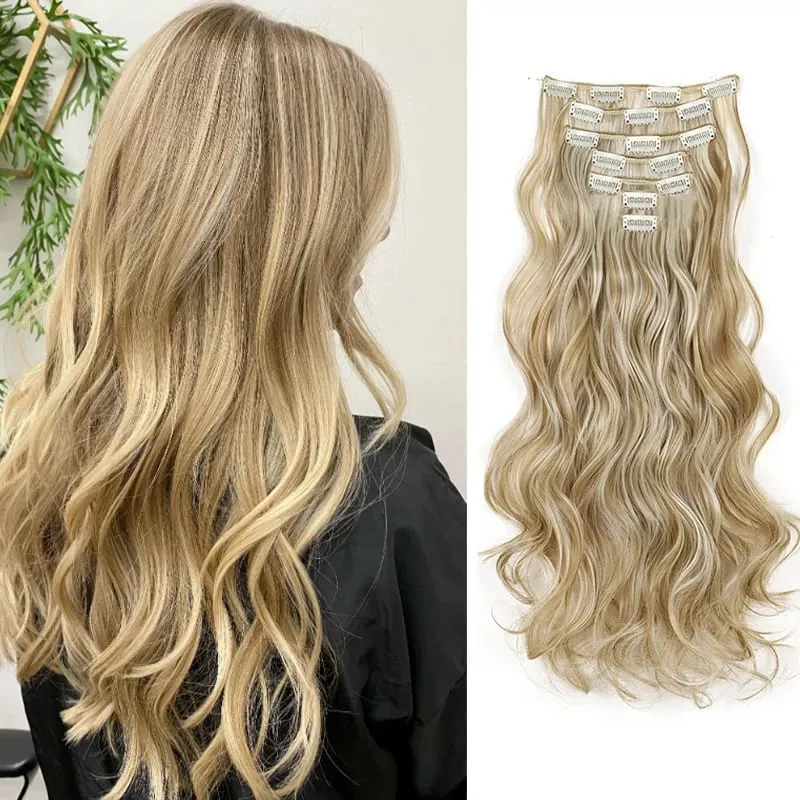 20Inch Synthetic Long Curly Clip In Hair Extensions Heat Resistant Fluffy Hairpiece for Women Daily Party Use